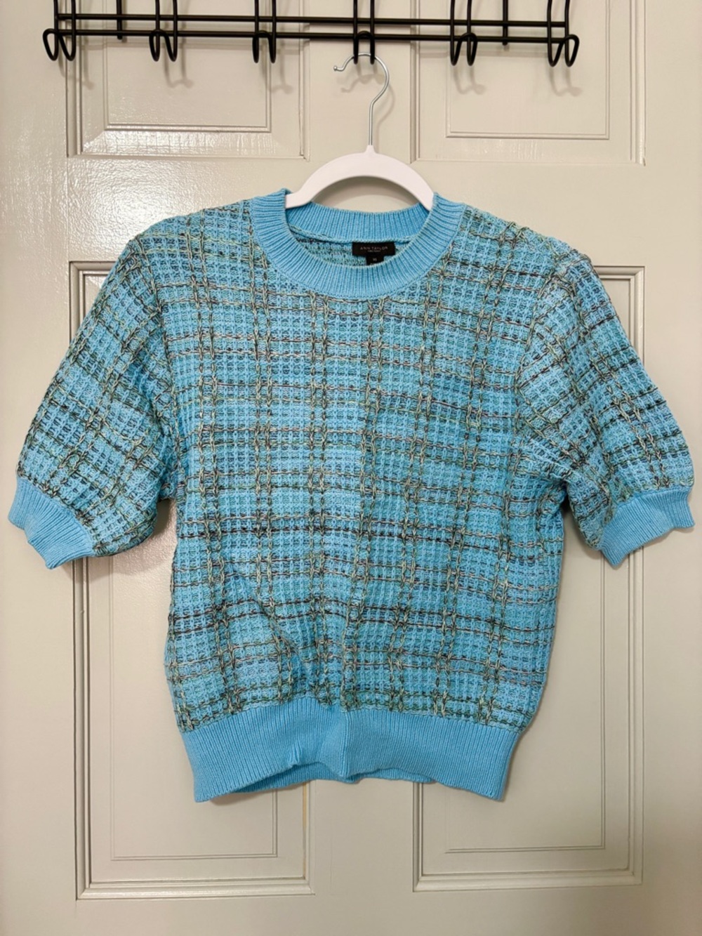 ann taylor blue tweed short sleeve top
